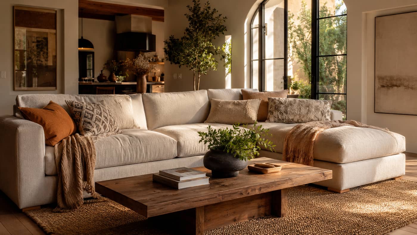 Sunlit living room with sectional sofa